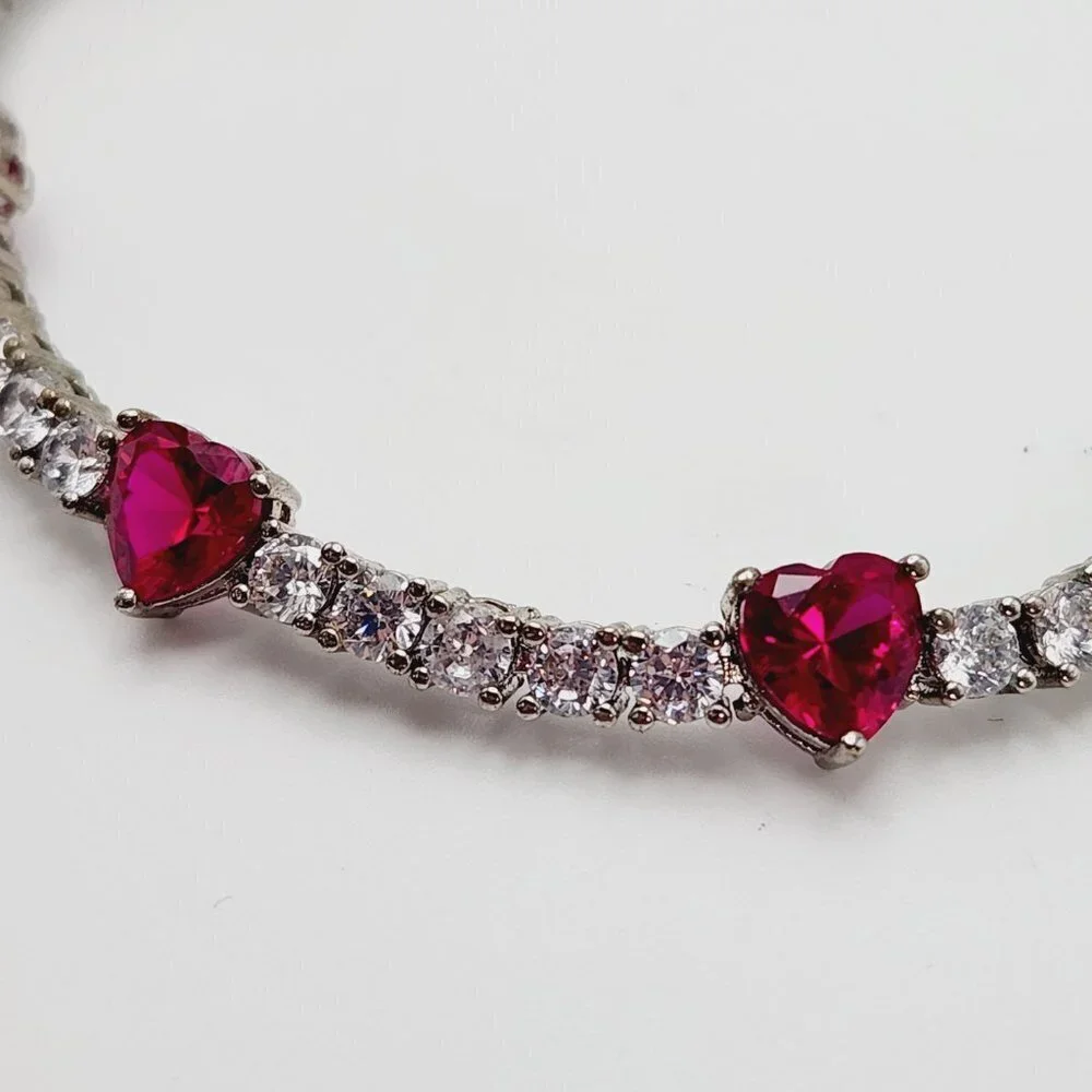 Sun BR Ruby and CZ Sparkly Heart Love Silver Plated Tennis Bracelet